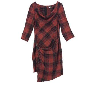 PERUVIAN CONNECTION Haute Highland Drape Neck Faux Wrap Dress Tartan Plaid  US 6